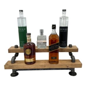 freestanding liquor shelf | 2 tier industrial bar display | liquor bottle display | wood wine shelf | bar organization | tiered bottle shelf (24", aged barrel)