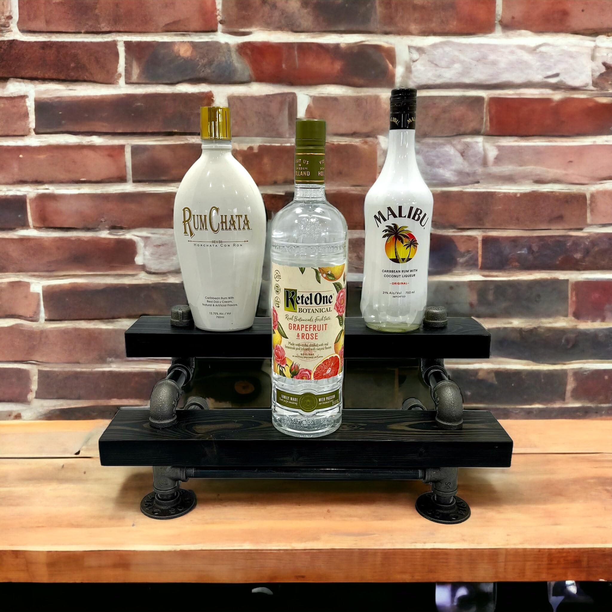 Freestanding Liquor Shelf | 2 Tier Industrial Bar Display | Liquor Bottle Display | Wood Wine Shelf | Bar Organization | Tiered Bottle Shelf (24", Aged Barrel)