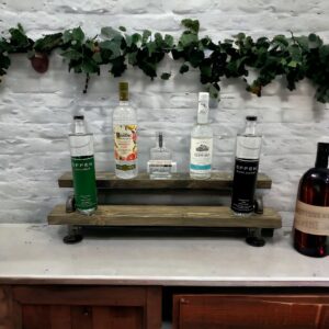 Freestanding Liquor Shelf | 2 Tier Industrial Bar Display | Liquor Bottle Display | Wood Wine Shelf | Bar Organization | Tiered Bottle Shelf (24", Aged Barrel)