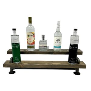 Freestanding Liquor Shelf | 2 Tier Industrial Bar Display | Liquor Bottle Display | Wood Wine Shelf | Bar Organization | Tiered Bottle Shelf (24", Aged Barrel)