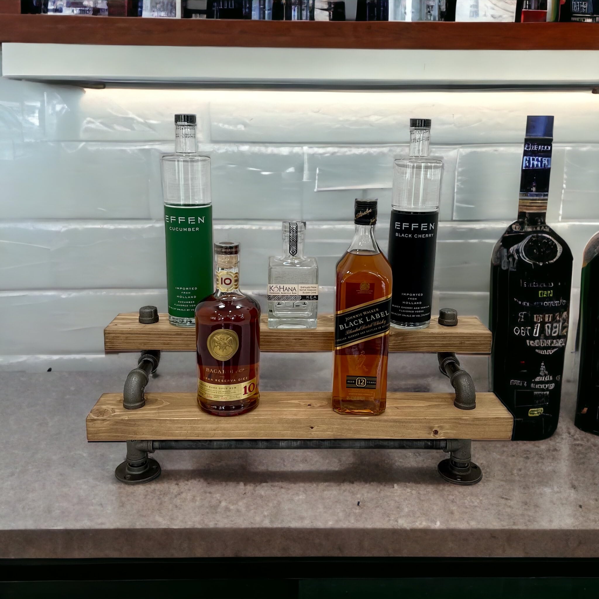 Freestanding Liquor Shelf | 2 Tier Industrial Bar Display | Liquor Bottle Display | Wood Wine Shelf | Bar Organization | Tiered Bottle Shelf (24", Aged Barrel)