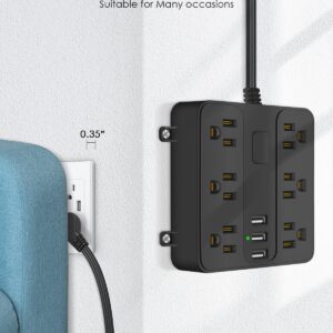 Flat Plug Power Strip, HEZI 6ft Flat Extension Cord, Surge Protector with 3 USB Ports & 6 Outlets Extender Slim Wall Mount Charging Station for Home Office Desk Black, with Plug