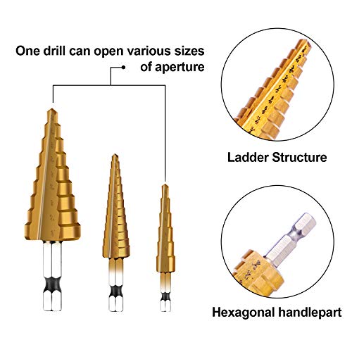 HSS Step Drill Bit Set - 3PCS 1/4" Hex Shank Titanium Coated High Speed Steel Hole Drill Cone Bits Stepped Up Unibit for Sheet Metal Hole Drilling Cutting Hole (1/8 Inch - 3/4 Inch)