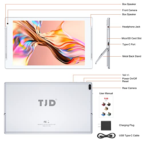 TJD Android 12 Tablets,10.1 inch Tablet PC, 4GB RAM 64GB ROM 512GB MicroSD, FHD IPS Display, Dual Camera, Double Stereo Speakers, Wi-Fi5.0/2.4, Bluetooth5.0, Google GMS Certified (Silver)