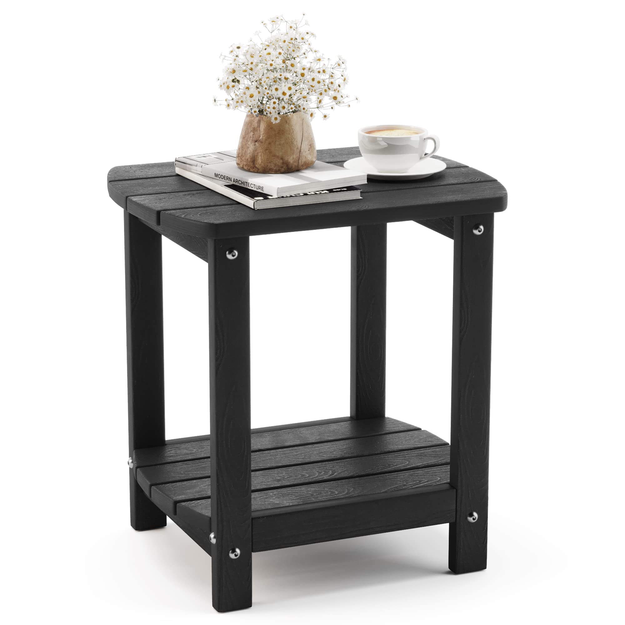 LUE BONA Adirondack Outdoor Side Table, Black HDPS Outdoor Patio End Table Weather Resistant, Pool Composite Plastic Morden Side Table for Patio, Pool, Porch, Garden, Lawn