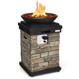 tangkula patio propane fire bowl, patiojoy 40,000btu square fire pit with round bowl, lava rocks & waterproof cover, faux stone fire pit table for outside courtyard, patio, porch (natural stone)