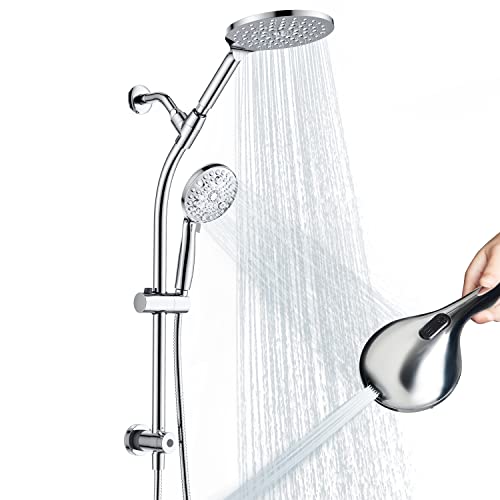 High Pressure Handheld/Rain 3-way Shower Head Combo with 26" Adjustable Drill-free Stainless Steel Slide Bar, 10-Mode Handheld Shower Head & 7.48" Rain Shower Head with 5ft Hose - Polished Chrome