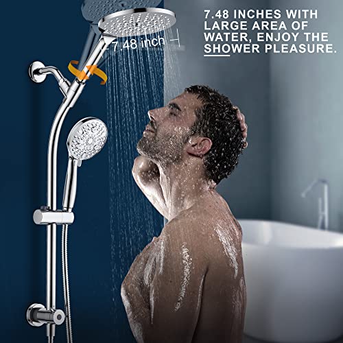 High Pressure Handheld/Rain 3-way Shower Head Combo with 26" Adjustable Drill-free Stainless Steel Slide Bar, 10-Mode Handheld Shower Head & 7.48" Rain Shower Head with 5ft Hose - Polished Chrome