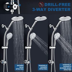 High Pressure Handheld/Rain 3-way Shower Head Combo with 26" Adjustable Drill-free Stainless Steel Slide Bar, 10-Mode Handheld Shower Head & 7.48" Rain Shower Head with 5ft Hose - Polished Chrome