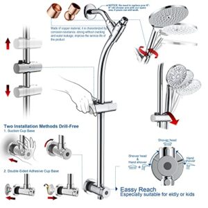 High Pressure Handheld/Rain 3-way Shower Head Combo with 26" Adjustable Drill-free Stainless Steel Slide Bar, 10-Mode Handheld Shower Head & 7.48" Rain Shower Head with 5ft Hose - Polished Chrome