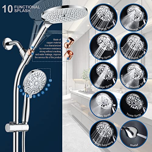 High Pressure Handheld/Rain 3-way Shower Head Combo with 26" Adjustable Drill-free Stainless Steel Slide Bar, 10-Mode Handheld Shower Head & 7.48" Rain Shower Head with 5ft Hose - Polished Chrome