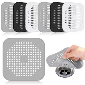 6 pcs shower drain hair catcher silicone tpr square drain cover hair trap for shower drain bathtub bathroom kitchen with suction cups, grey black white