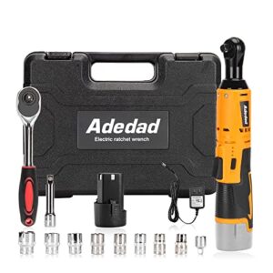 adedad cordless ratchet wrench set w/ 1 battery, 3/8” 40ft-lbs 400 rpm 12v battery powered ratcheting wrench tool kit, variable speed trigger, 10 sockets