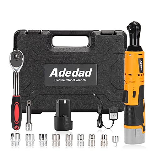 Adedad Cordless Ratchet Wrench Set w/ 1 Battery, 3/8” 40Ft-lbs 400 RPM 12V Battery Powered Ratcheting Wrench Tool Kit, Variable Speed Trigger, 10 Sockets