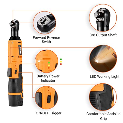 Adedad Cordless Ratchet Wrench Set w/ 1 Battery, 3/8” 40Ft-lbs 400 RPM 12V Battery Powered Ratcheting Wrench Tool Kit, Variable Speed Trigger, 10 Sockets