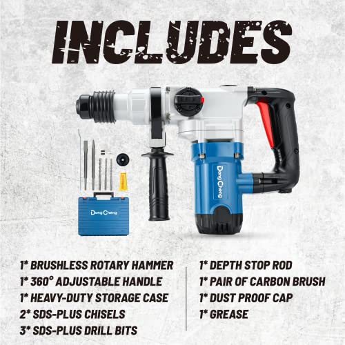 DongCheng 1-1/8 Inch SDS-Plus Rotary Hammer Drill with Safety Clutch, 9.2Amp Heavy Duty Corded Demolition Hammer for Concrete, 1300 RPM, 3.6 Joules, Including 3pcs Drill Bits