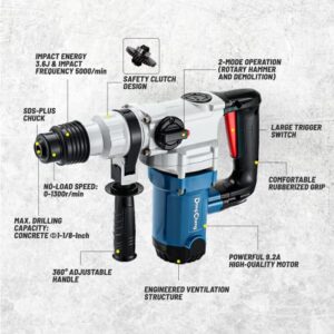 DongCheng 1-1/8 Inch SDS-Plus Rotary Hammer Drill with Safety Clutch, 9.2Amp Heavy Duty Corded Demolition Hammer for Concrete, 1300 RPM, 3.6 Joules, Including 3pcs Drill Bits