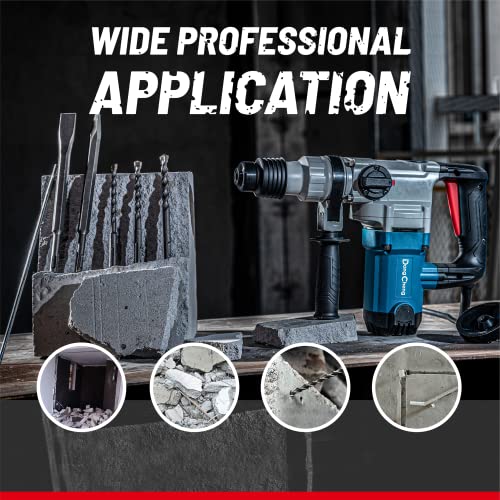 DongCheng 1-1/8 Inch SDS-Plus Rotary Hammer Drill with Safety Clutch, 9.2Amp Heavy Duty Corded Demolition Hammer for Concrete, 1300 RPM, 3.6 Joules, Including 3pcs Drill Bits