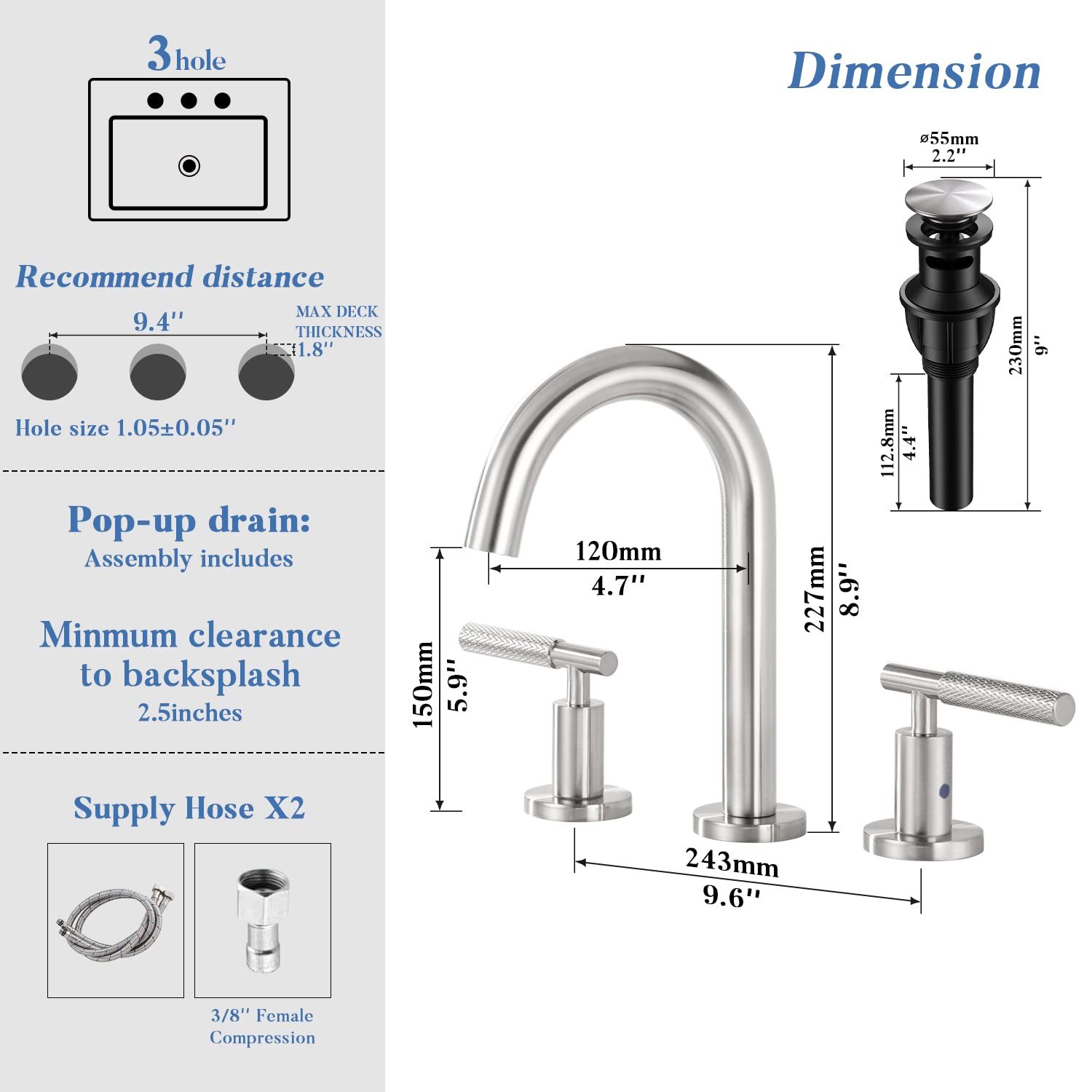 KPAIDA Bathroom Faucets, 3 Hole Bathroom Sink Faucet 8 inch Brushed Nickel Widespread Bathroom Faucet, 2 Handle Faucet for Bathroom Sink Vanity with Pop Up Drain