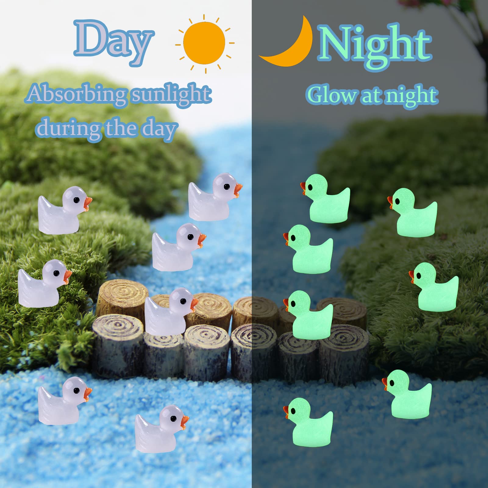 WINMIND 100Pcs Luminous Little Duck Miniature Garden Statue Glow in The Dark Resin Duck Micro Landscape Dolls for Gnomes Garden Glow Accessories Outdoor Patio Lawn Yard Decoration