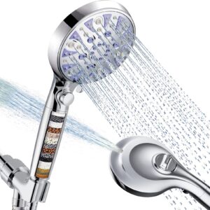 high pressure 10-mode detachable shower head with handheld, showerhead with on/off pause switch, 15 stage water softener filters for hard water remove chlorine, meet cupc and cec certification