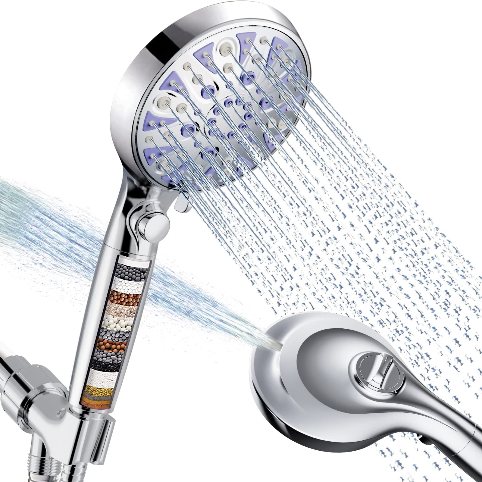 High Pressure 10-mode Detachable Shower Head with Handheld, Showerhead with ON/OFF Pause Switch, 15 Stage Water Softener Filters for Hard Water Remove Chlorine, Meet cUPC and CEC Certification