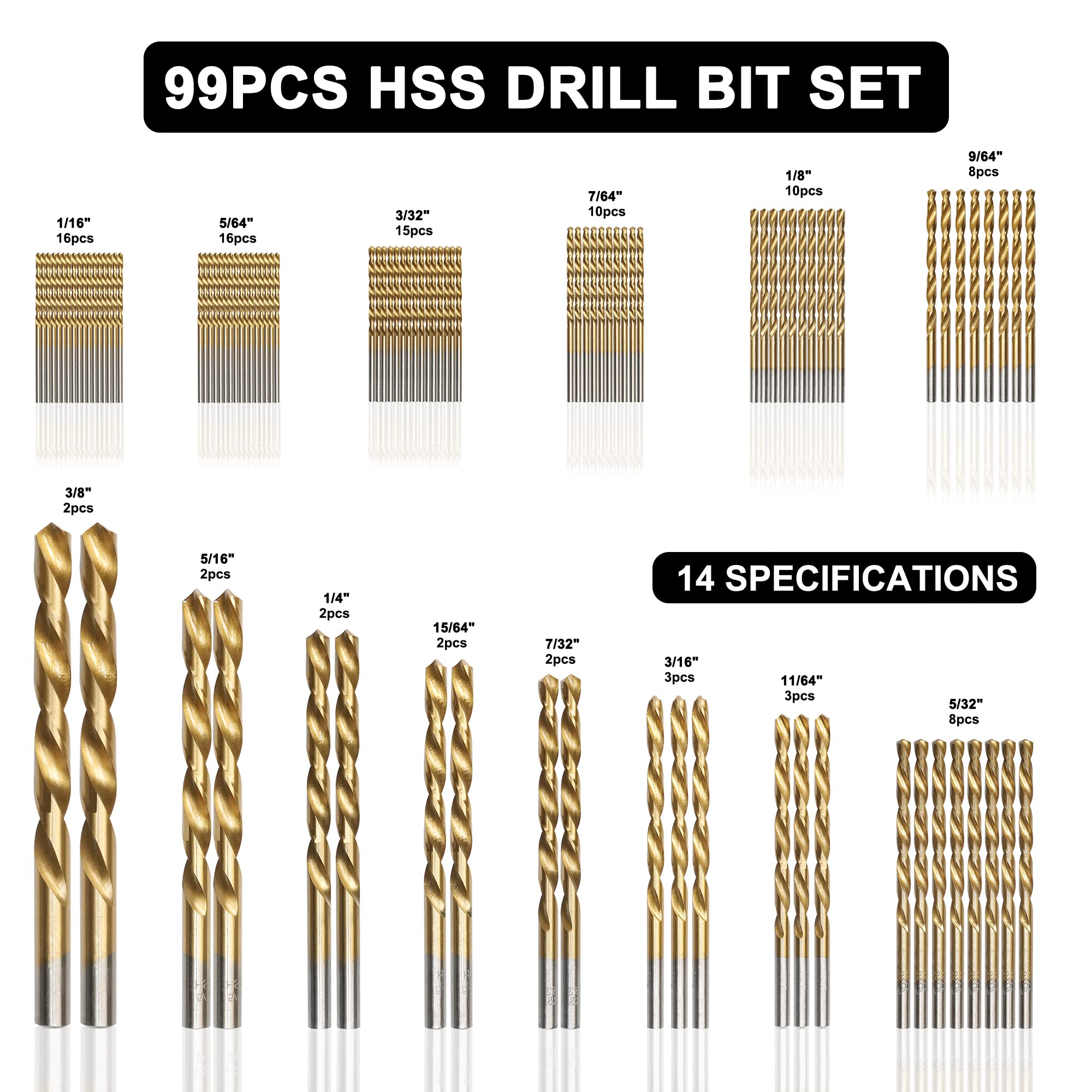 GMTOOLS 99 Pcs Drill Bit Set, 135° Tip Titanium Coated High Speed Steel, Twist Drill Bit Kit for Iron, Aluminum Alloy, Copper, Wood, Plastic, with Hard Storage 1/16"-3/8"