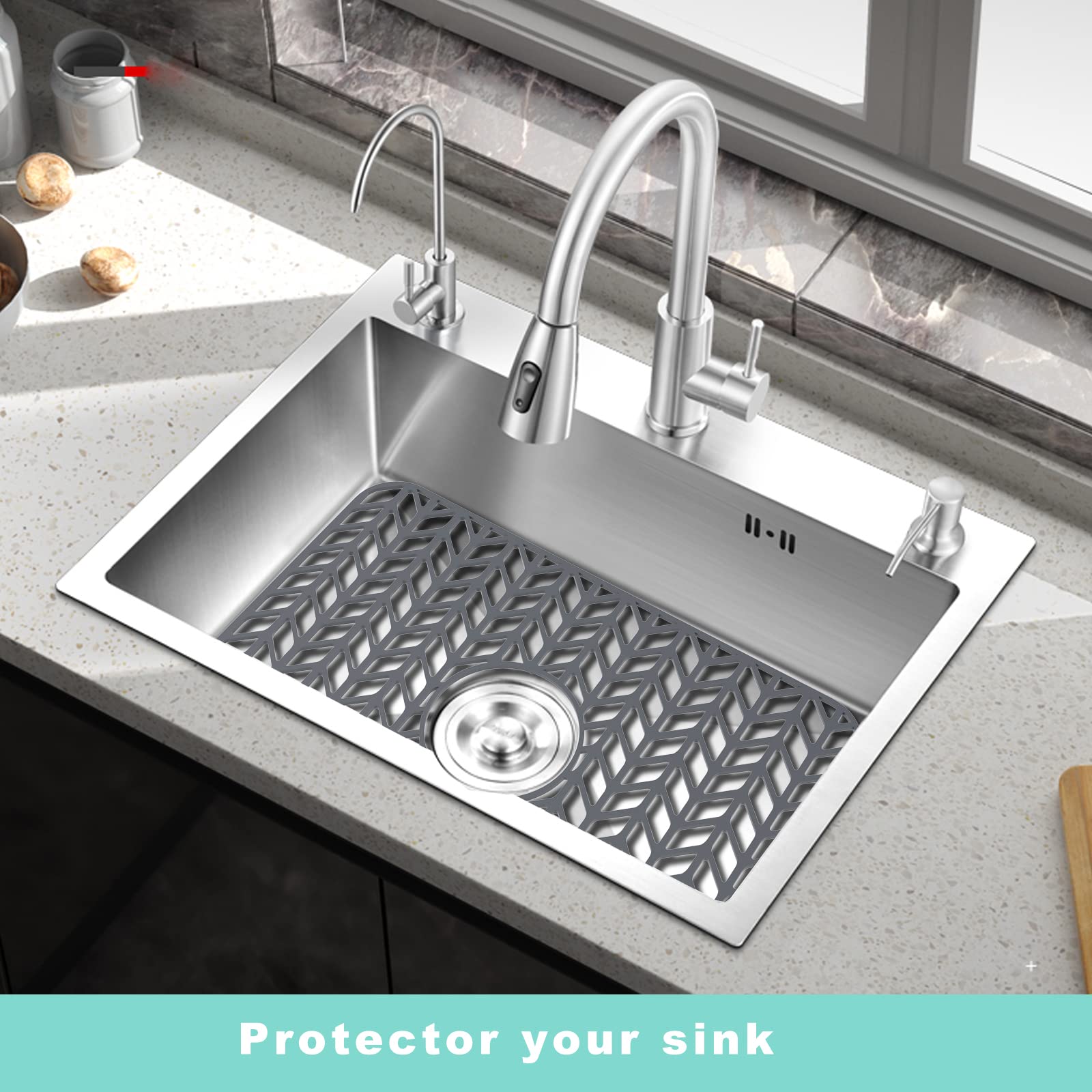 AWOKE Sink Protectors for Kitchen Sink | 18.2"x 12.5" Kitchen Sink Mats for Bottom of Kitchen Sink | Sink Inserts for Kitchen Sink of Stainless Steel Sink | Center Drain (Grey)