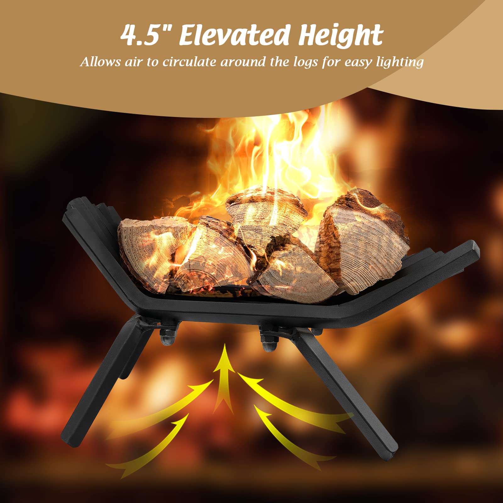 HAPPYGRILL 18 Inch Fireplace Log Grate, Heavy-Duty Solid Steel, Black, Firewood Burning Rack, Indoor Outdoor Use