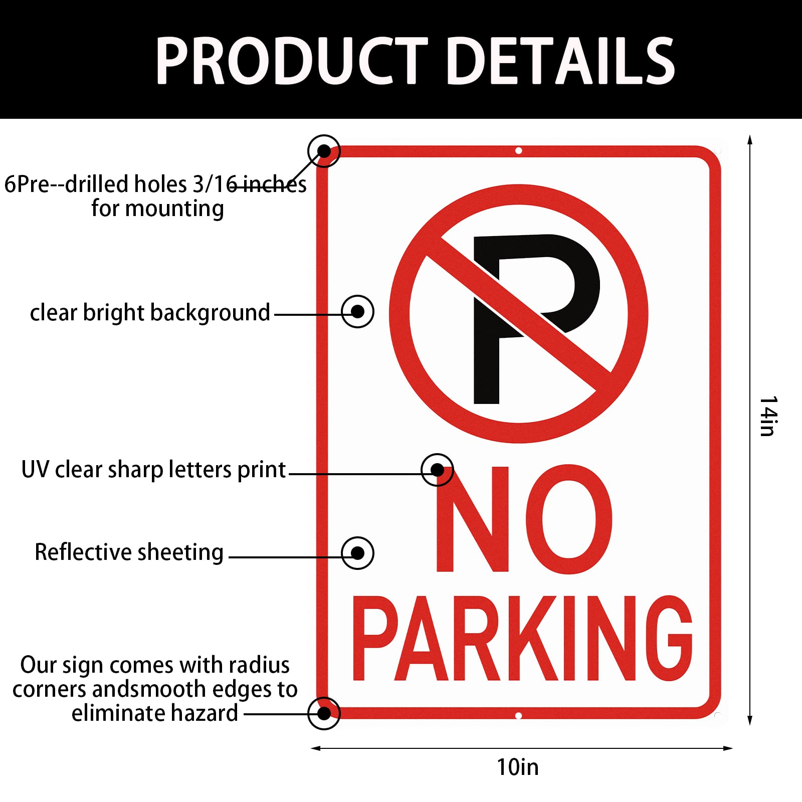 6 Pcs No Parking Signs with Symbol Sign 14 x 10 Inches Reflective Aluminum Nonparking Sign, UV Protected, Weather Resistant, Waterproof, Durable Ink Industrial Warning Signs, Easy to Mount