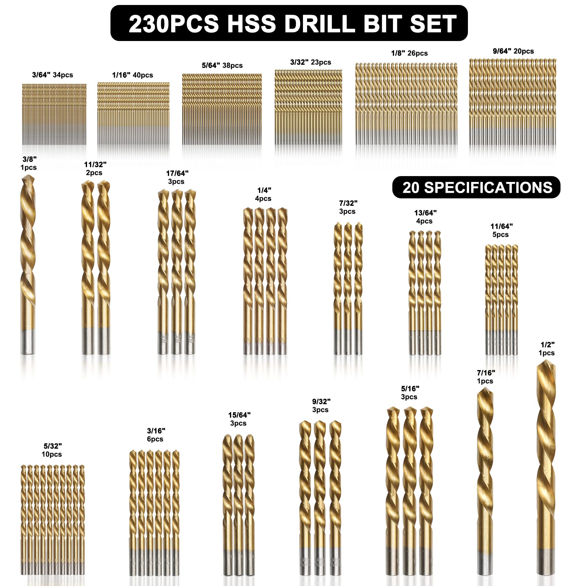 GMTOOLS 230 Pcs Drill Bit Set, 135° Tip Titanium Coated High Speed Steel, Twist Drill Bit Kit for Iron, Aluminum Alloy, Copper, Wood, Plastic, with Hard Storage 1/16"-3/8"