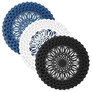 3 piece silicone drain hair catcher shower drain cover, bathtub drain covers accessories kitchen sink strainer stopper trap tub flower covers for drain kitchen handbasin bathroom (blue, white, black)