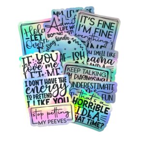 12 pc funny quote stickers holographic waterproof vinyl, birthday gift, present, laptop sticker, phone sticker, water bottle sticker, window sticker, planner stickers, teen, adult humor