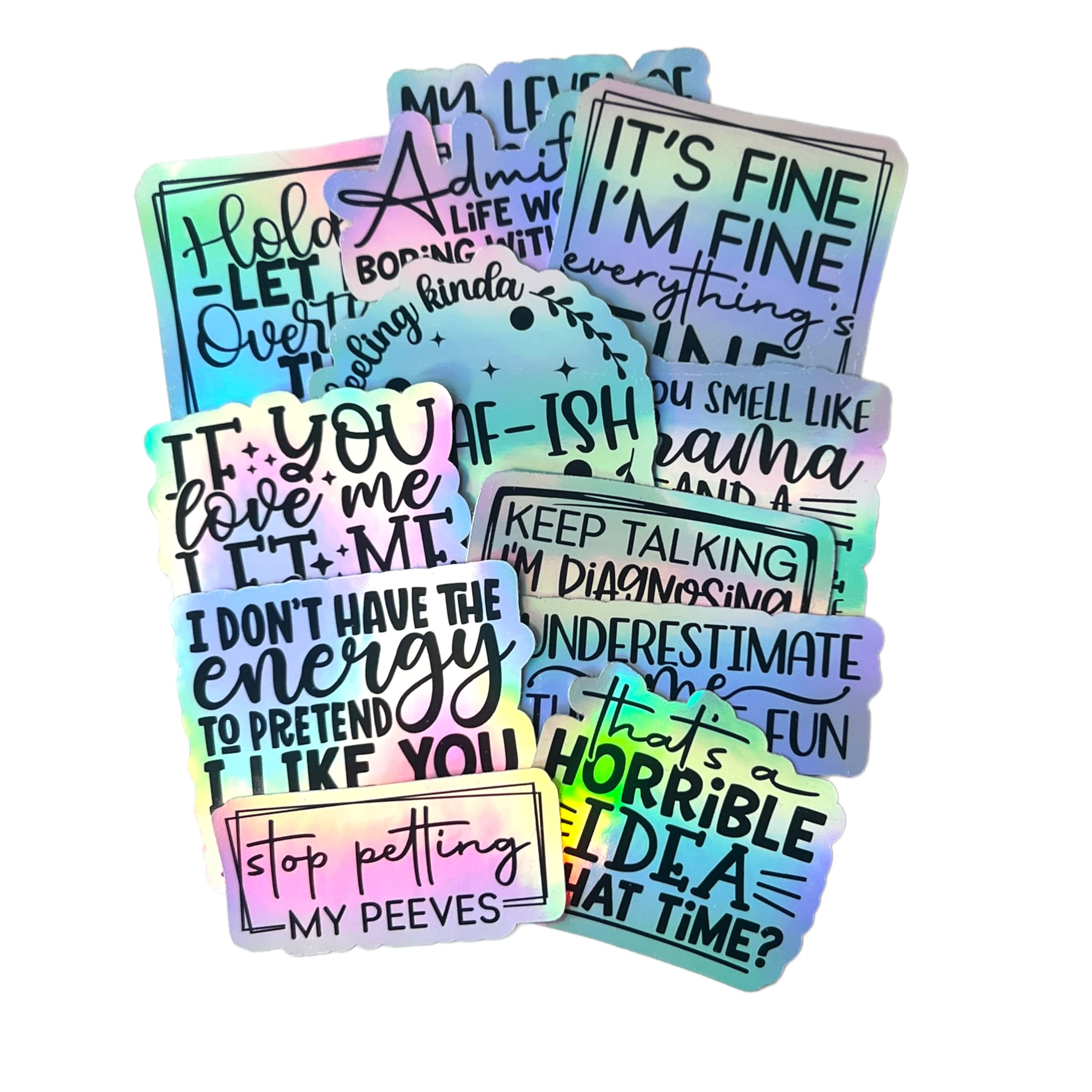 12 pc Funny Quote Stickers HOLOGRAPHIC WATERPROOF VINYL, Birthday Gift, Present, Laptop Sticker, Phone Sticker, Water Bottle Sticker, Window Sticker, Planner Stickers, Teen, Adult Humor