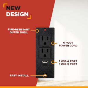 BUYER'S POINT Recessed Power Strip | ETL Certified Furniture Recessed Outlet with USB, USB C, 2 Outlets and 6' Cable w/Round Plug, Flush Mount for Side Table, Office Desk or Couch (Black) - 1 Pack