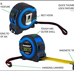 Greendale - 3 Pack - 25 ft Tape Measures - Easy to Read Fractions to 1/8th inch - Magnetic Tip - Thumb and Quick Lock - Autowind - Belt Clip