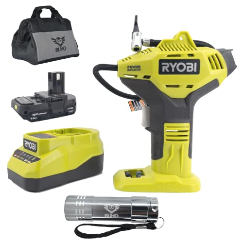 Portable High Pressure Power Inflator Bundle, Includes Ryobi P737D Inflator, Charger, 18-Volt 1.5 Ah Lithium-ion Battery, 16 Inch Buho Tool Bag and Pocket Flashlight