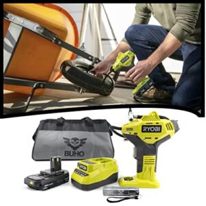 Portable High Pressure Power Inflator Bundle, Includes Ryobi P737D Inflator, Charger, 18-Volt 1.5 Ah Lithium-ion Battery, 16 Inch Buho Tool Bag and Pocket Flashlight