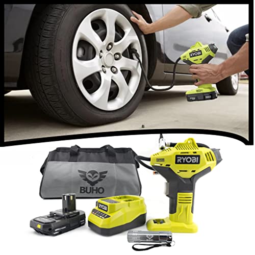 Portable High Pressure Power Inflator Bundle, Includes Ryobi P737D Inflator, Charger, 18-Volt 1.5 Ah Lithium-ion Battery, 16 Inch Buho Tool Bag and Pocket Flashlight