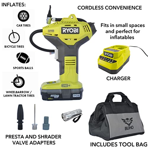 Portable High Pressure Power Inflator Bundle, Includes Ryobi P737D Inflator, Charger, 18-Volt 1.5 Ah Lithium-ion Battery, 16 Inch Buho Tool Bag and Pocket Flashlight