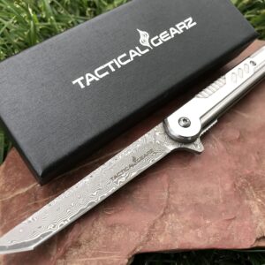 TACTICAL GEARZ Damascus Pocket Knife for EDC! Stainless Steel Handle! 67 Multi Layered Damascus Steel Tanto Blade! Includes Sheath! (Kraz XT)