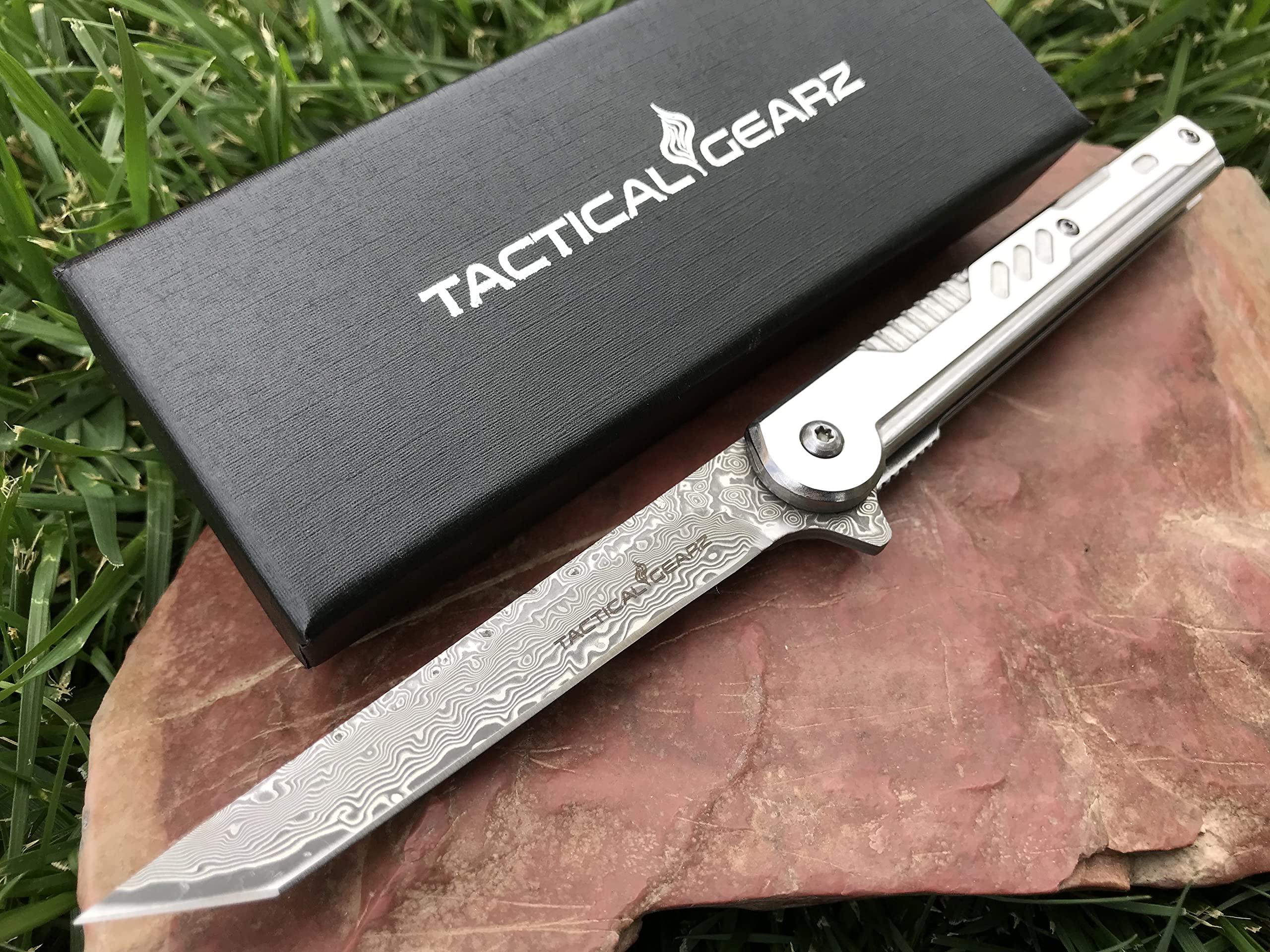 TACTICAL GEARZ Damascus Pocket Knife for EDC! Stainless Steel Handle! 67 Multi Layered Damascus Steel Tanto Blade! Includes Sheath! (Kraz XT)