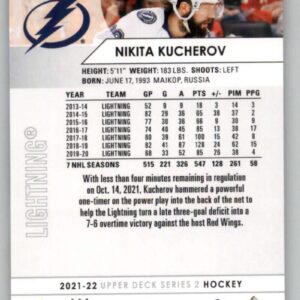 2021-22 Upper Deck #412 Nikita Kucherov Tampa Bay Lightning Series 2 NHL Hockey Trading Card