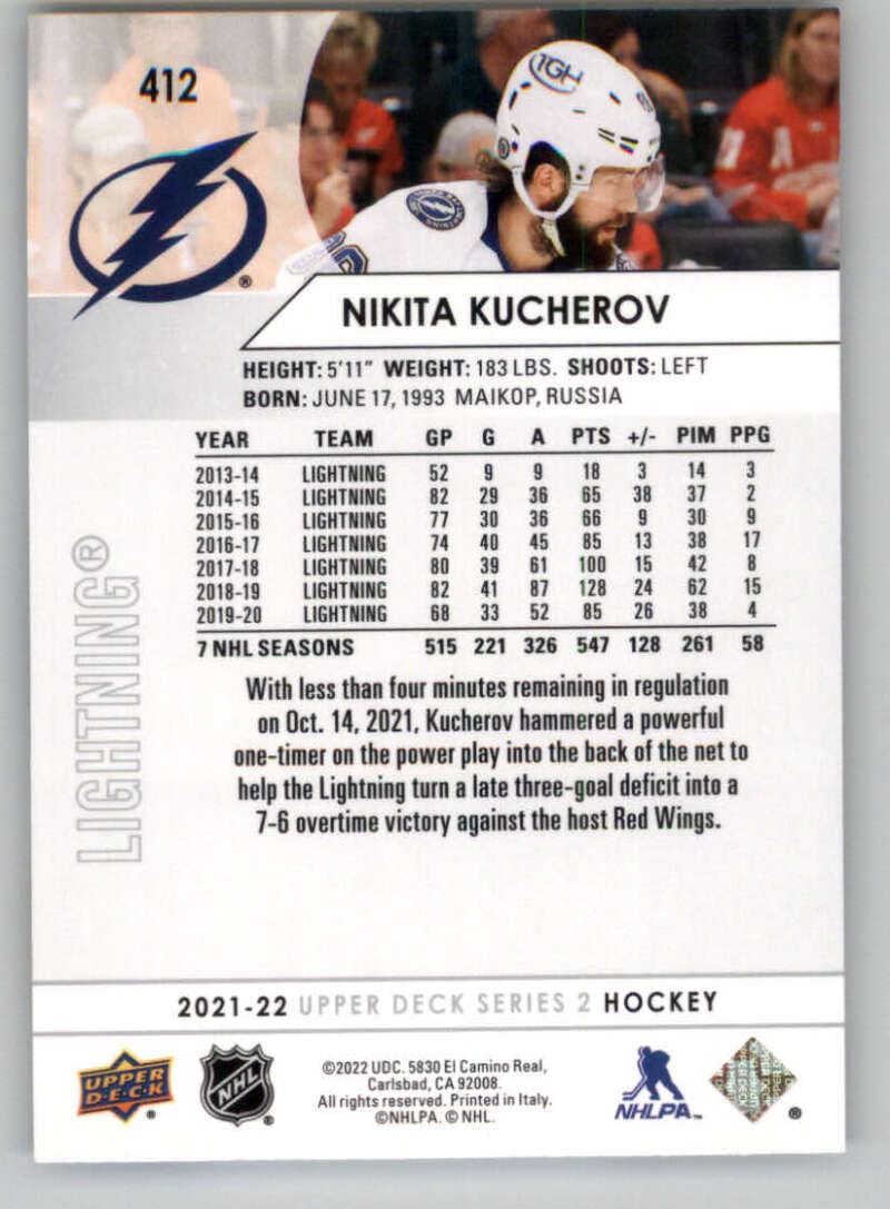 2021-22 Upper Deck #412 Nikita Kucherov Tampa Bay Lightning Series 2 NHL Hockey Trading Card