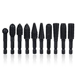 mesee 10 pieces rotary burr rasp set, 1/4 inch hex shank quick change wood carving drill bits carbon steel file rasp diy woodworking tool for wood plastic engraving polishing grinding