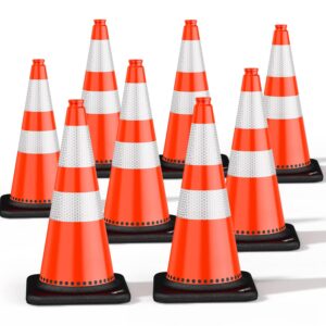 (8 pack) battife traffic cones 28 inch with black weighted base,durable pvc orange cone for traffic control,construction events, driveway road parking lot