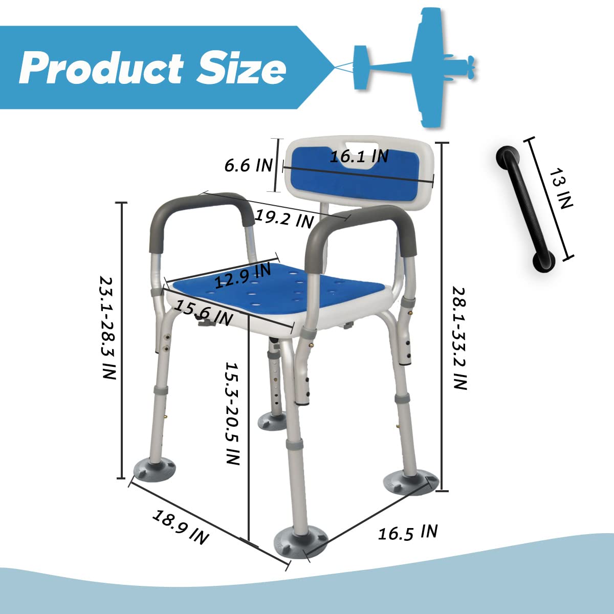 Shower Chair with Arms Heavy Duty Bath Chair with Back Inside Shower Transfer Bath Seat Padded Bench Portable Lift Height Adjustable Legs for Bathtub Non-Slip feet