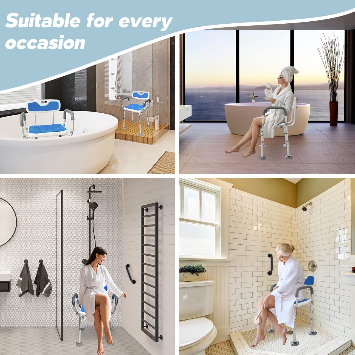 Shower Chair with Arms Heavy Duty Bath Chair with Back Inside Shower Transfer Bath Seat Padded Bench Portable Lift Height Adjustable Legs for Bathtub Non-Slip feet