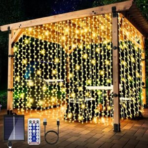600 led solar curtain lights outdoor remote control gazebo light 8 modes waterproof waterfall fairy light string window wall hanging solar patio light outside wedding party christmas decor, warm