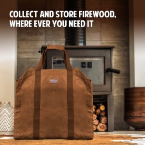 Hudson Durable Goods Premium Quality Waxed Canvas Firewood Carrier - 20” W x 17” H Large Firewood Bag with Enclosed Sides, Webbed Cotton Straps, & 2 Big Pockets - Water Repellent Fireplace Log Holder